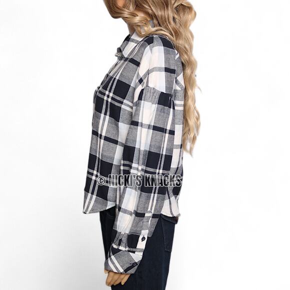 Sanctuary Nordic Plaid Cropped Button Down Long Sleeve Cotton Shirt Size S - Picture 4 of 10